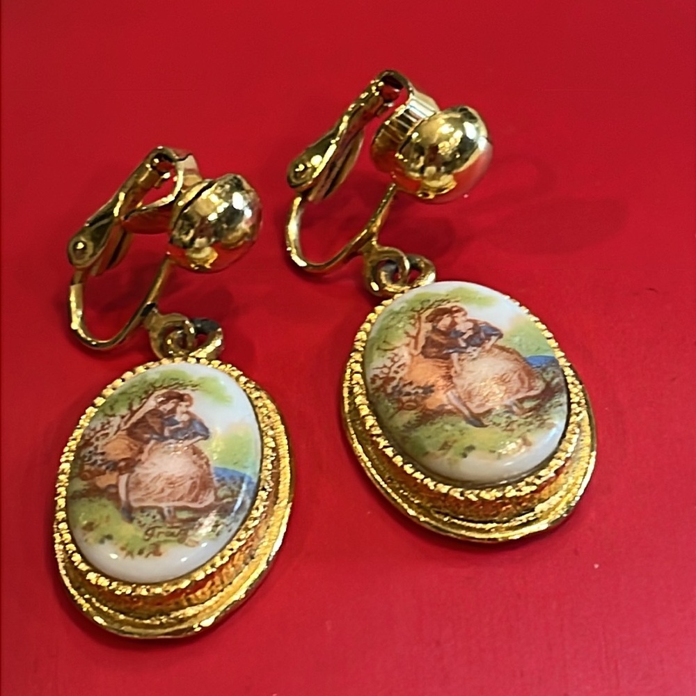 Vintage Earrings Set of 2 pair. Courting Couple  in a Garden. Black Faucet Pair